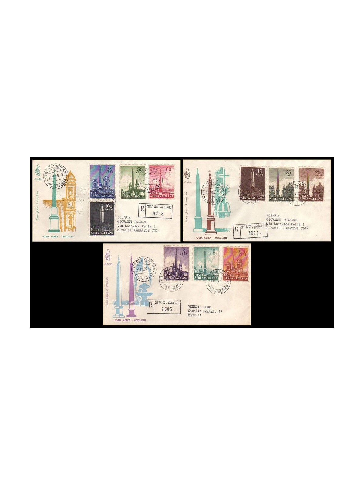 VATICAN 1959 FDC (Venetia) Obelisks, registered airmail