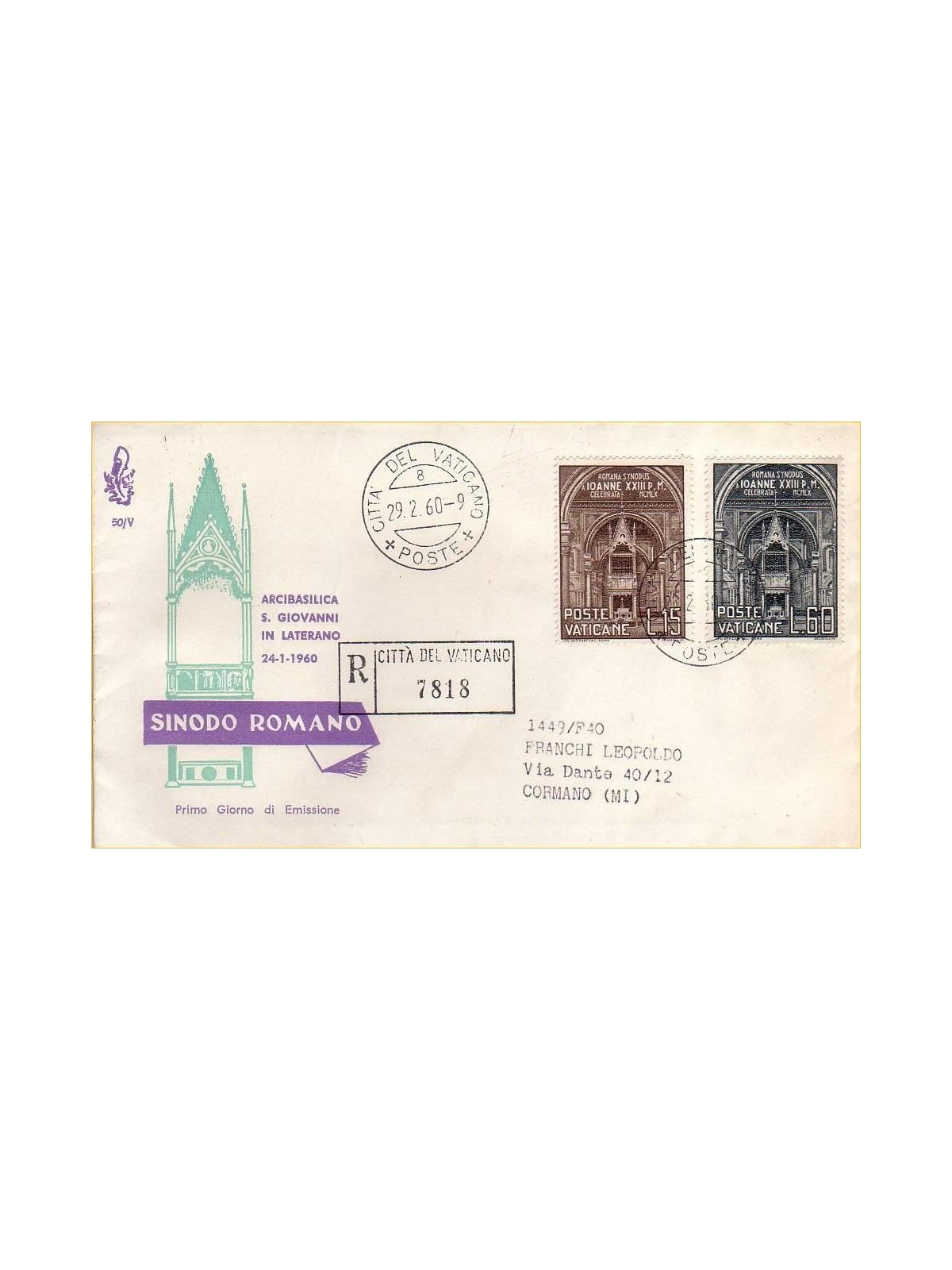 VATICAN 1960 FDC (Venice) Diocesan Synod of Rome collected
