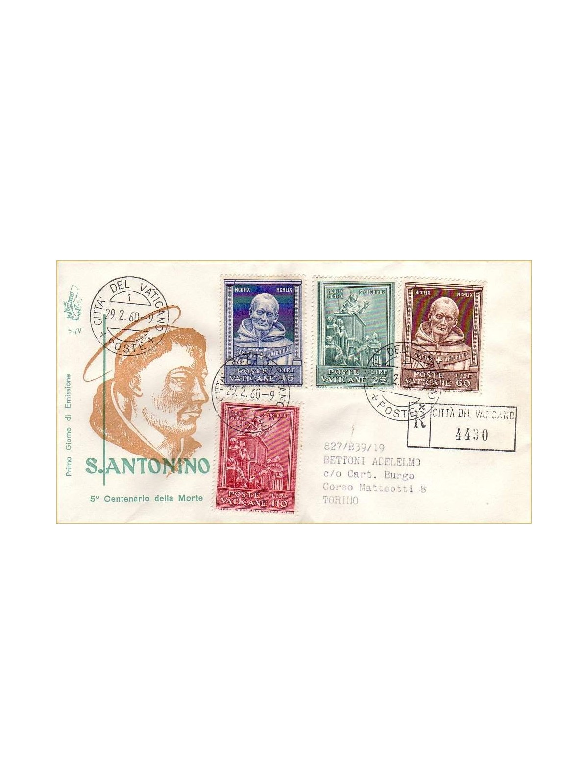 VATICAN 1960 FDC (Venice) Centenary of Saint Antoninus collected