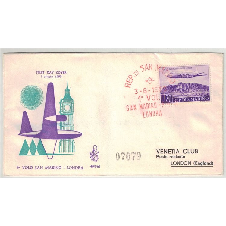 SAN MARINO 1959 FDC (Venetia) 1° volo San Marino - Londra racc