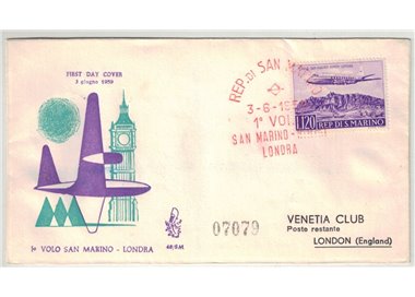 SAN MARINO 1959 FDC (Venice) 1st flight San Marino - London registered