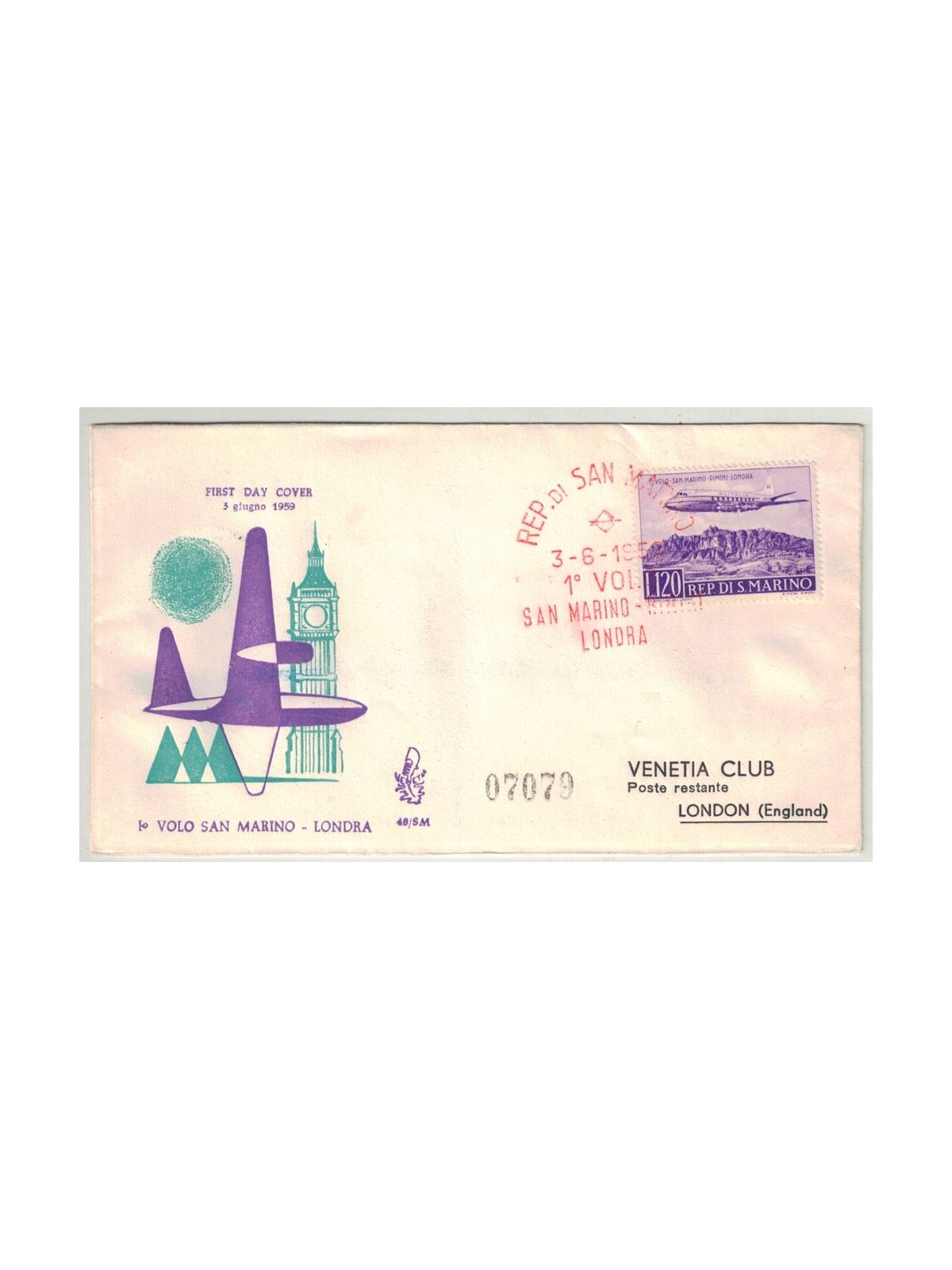 SAN MARINO 1959 FDC (Venetia) 1° volo San Marino - Londra racc