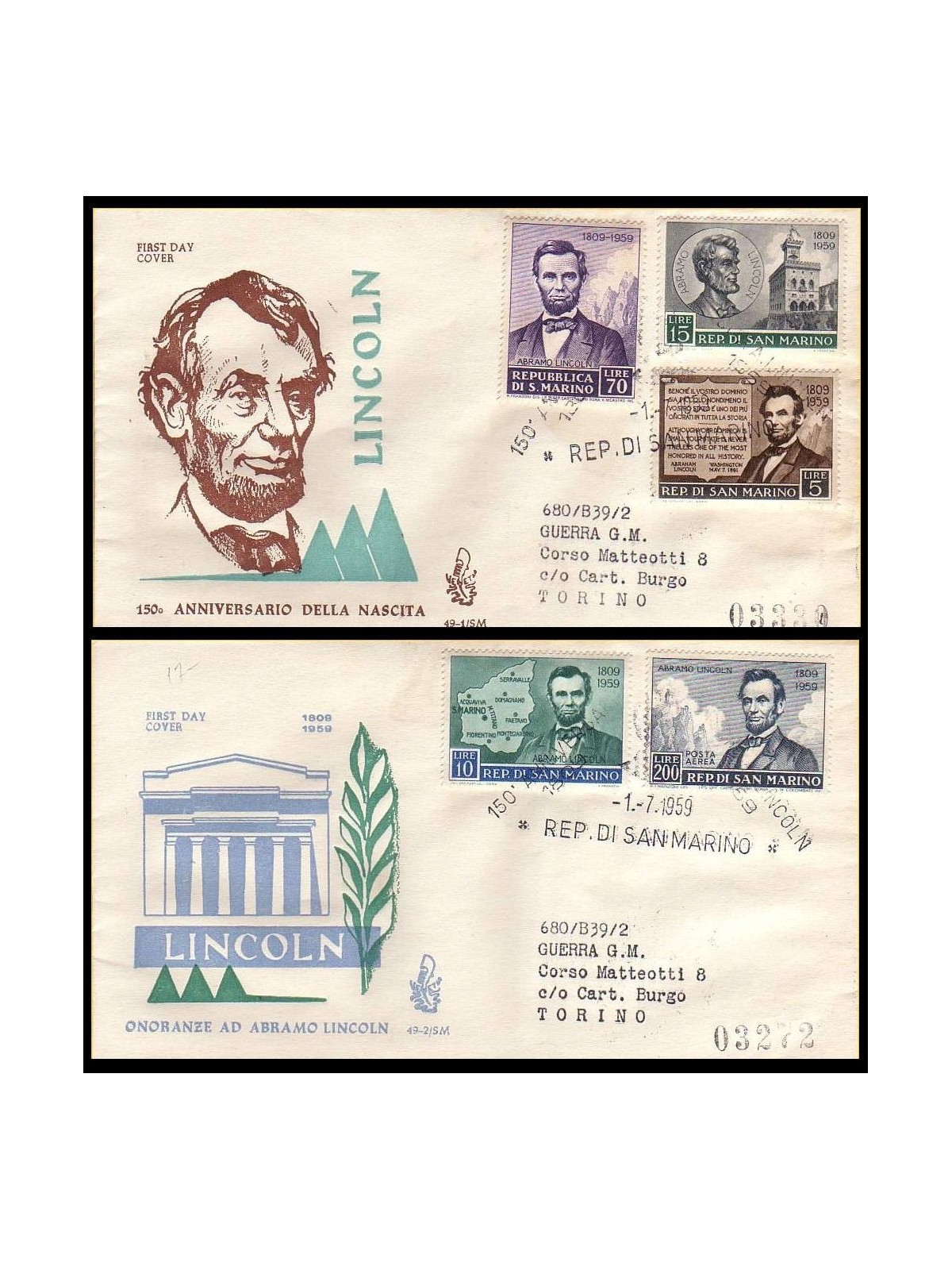 SAN MARINO 1959 FDC (Venice) Abraham Lincoln collect