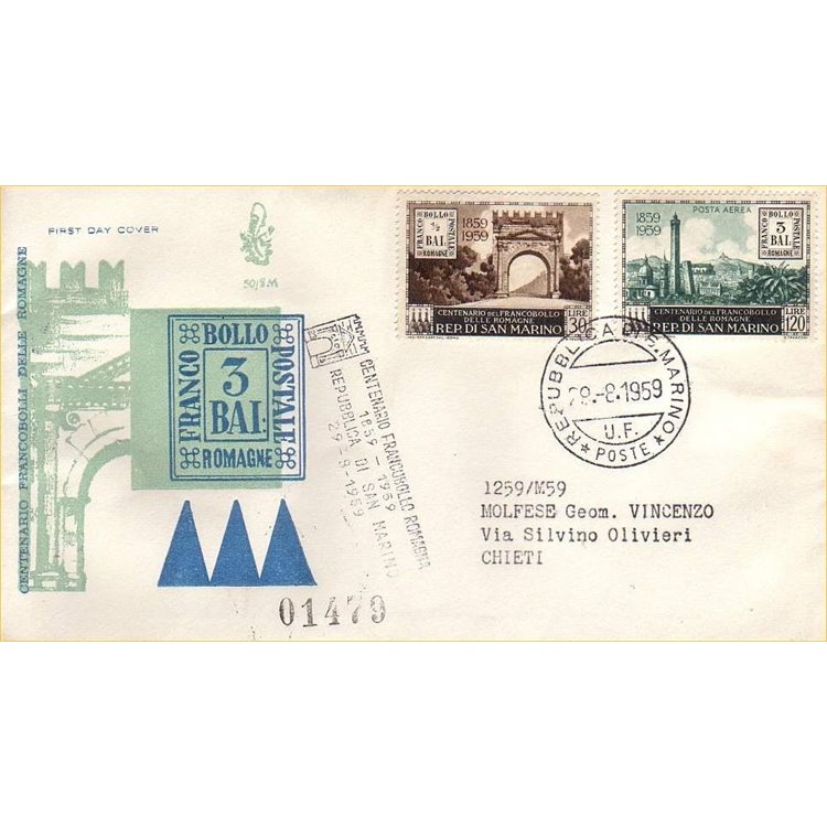 SAN MARINO 1959 FDC (Venetia) Francobolli delle romagne racc