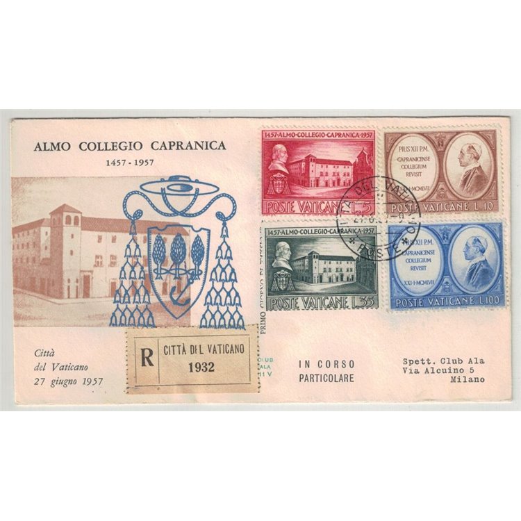 VATICANO 1957 FDC (Ala) FDC (Ala) Collegio Capranica racc