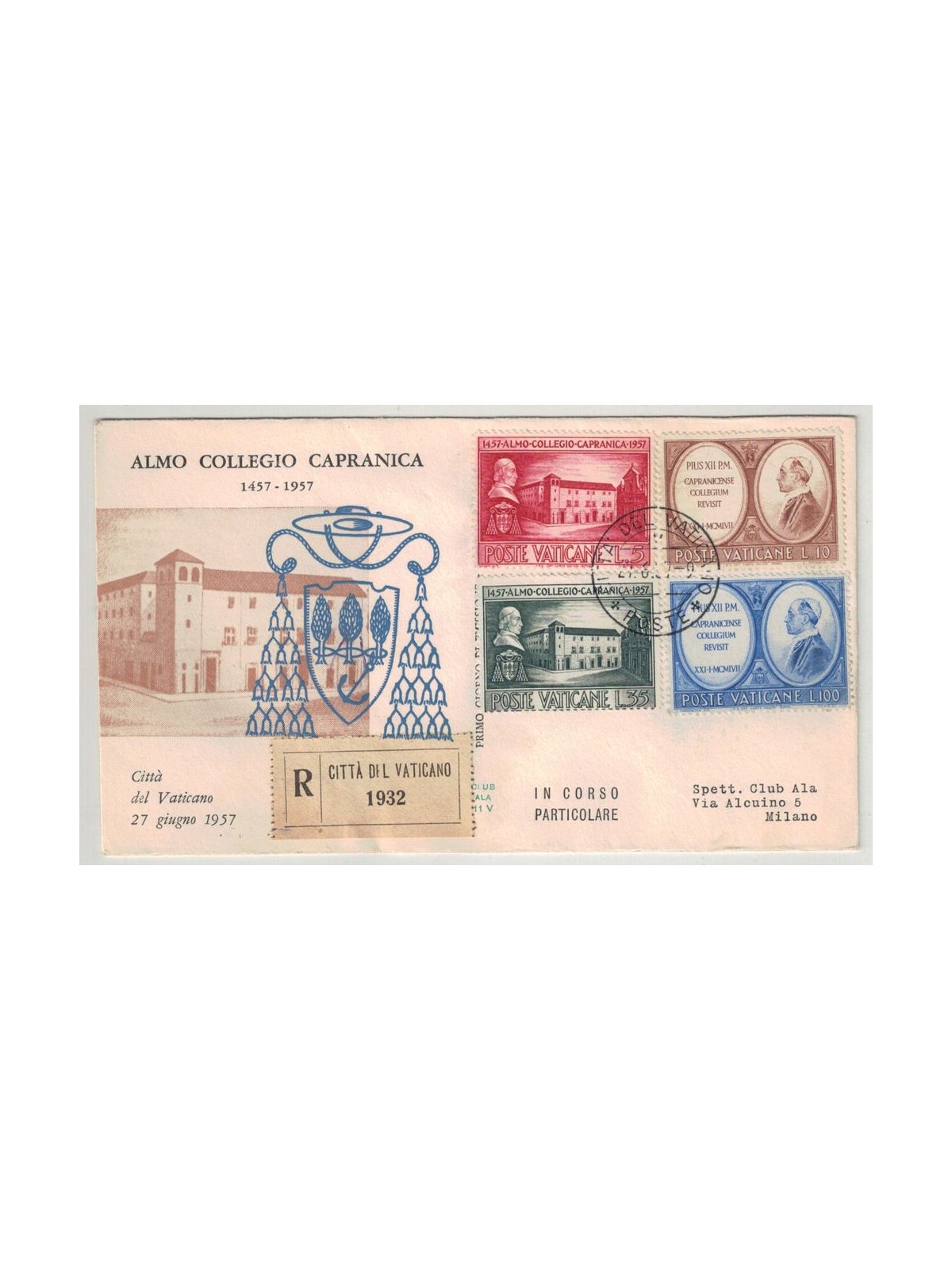 VATICANO 1957 FDC (Ala) FDC (Ala) Collegio Capranica racc