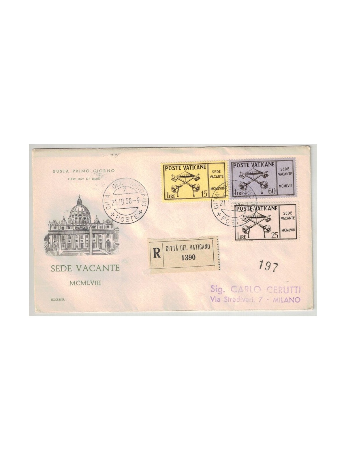 FDC VATICAN 1958 Sede vacante 1 Envelope Ecclesia racc n