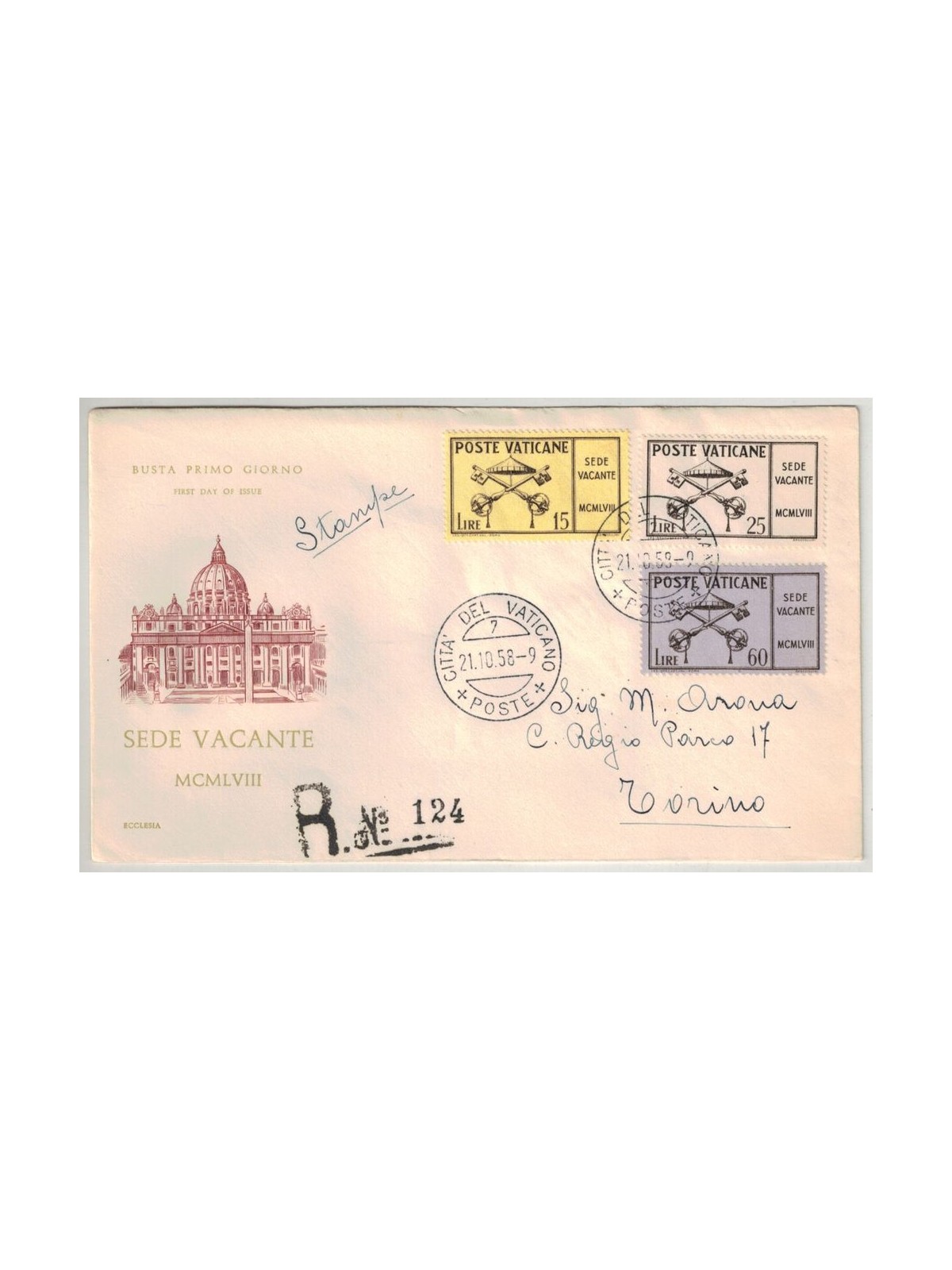 FDC VATICANO 1958 Sede vacante 1 Busta Ecclesia racc b