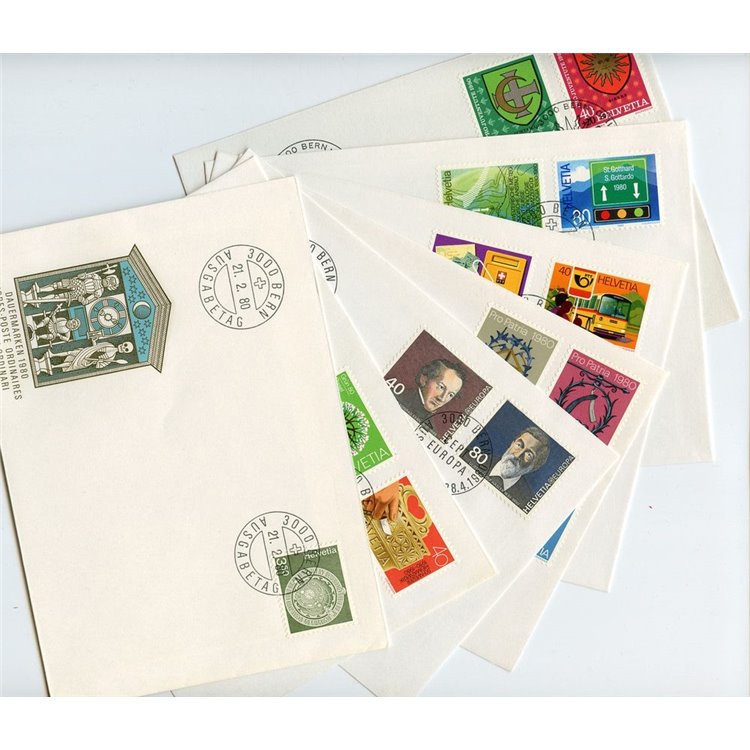 FDC SVIZZERA 1980 Annata completa 7 buste nv