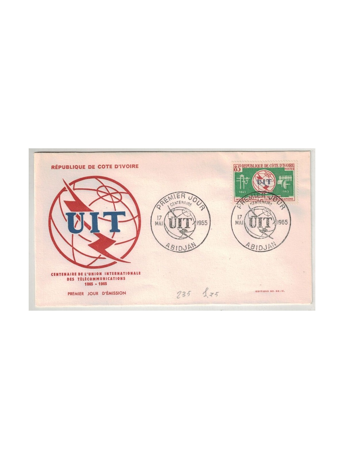 FDC COSTA D'AVORIO 1965 Centenario UIT