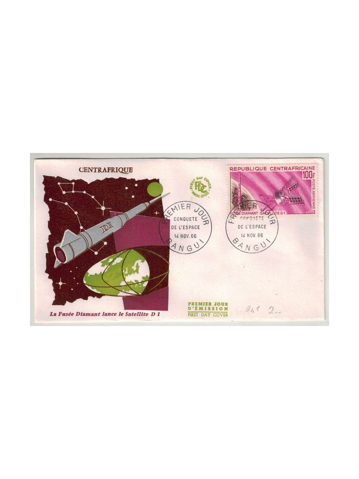 FDC CENTRAL AFRICAN REPUBLIC 1966 Conquest of Space, Satellite D1