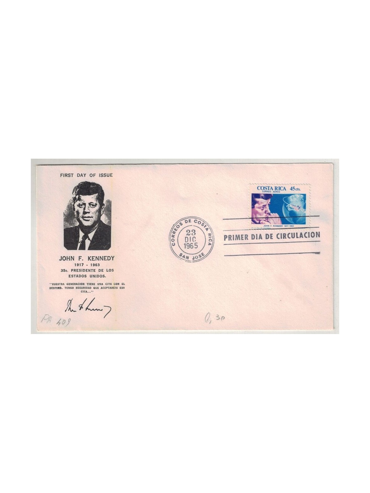 FDC COSTA RICA 1965 Homage to President John F. Kennedy