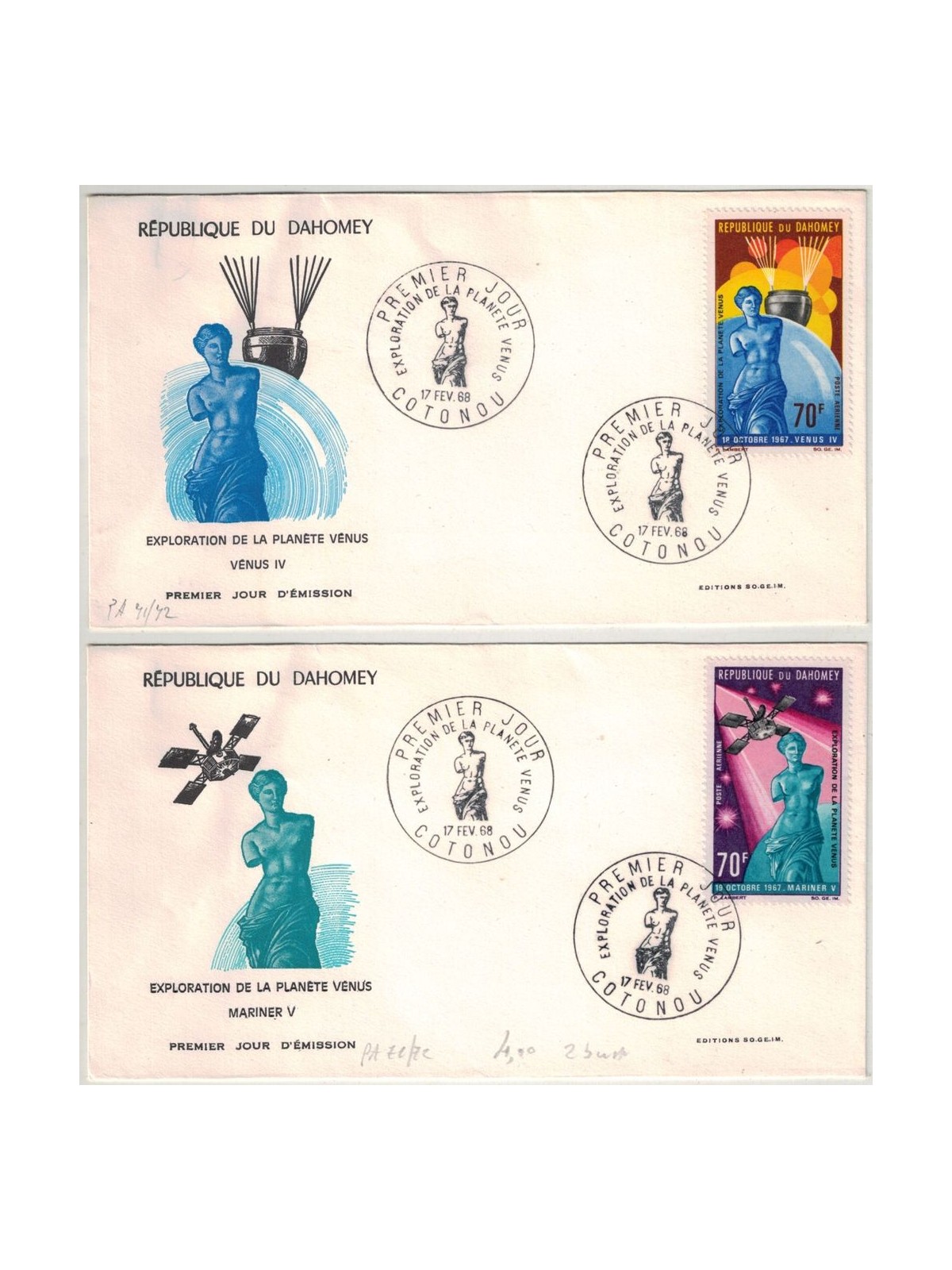 FDC REPUBBLICA DEL DAHOMEY 1968 Esplorazione di Venere