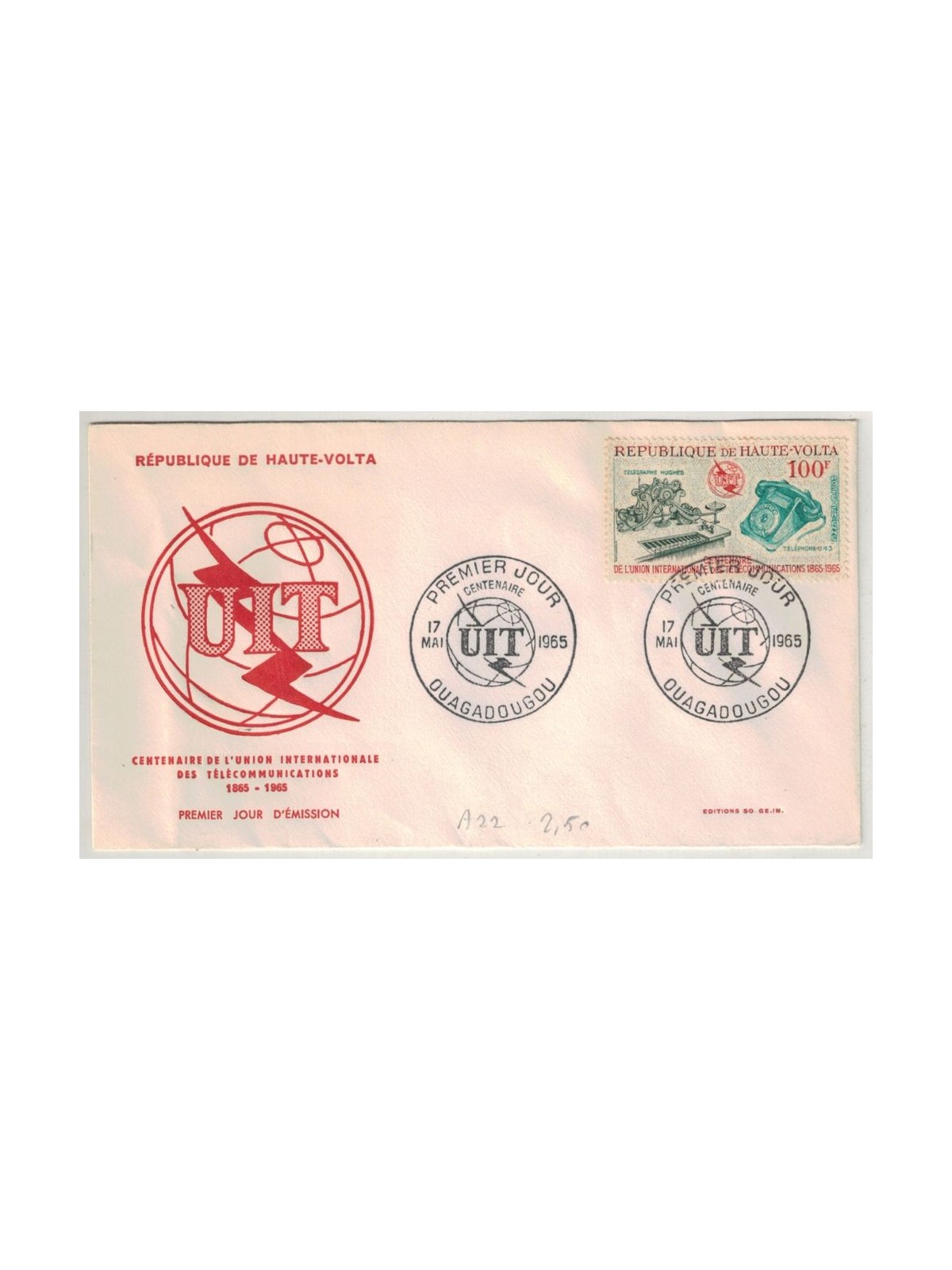 FDC ALTO VOLTA 1965 Centenario UIT