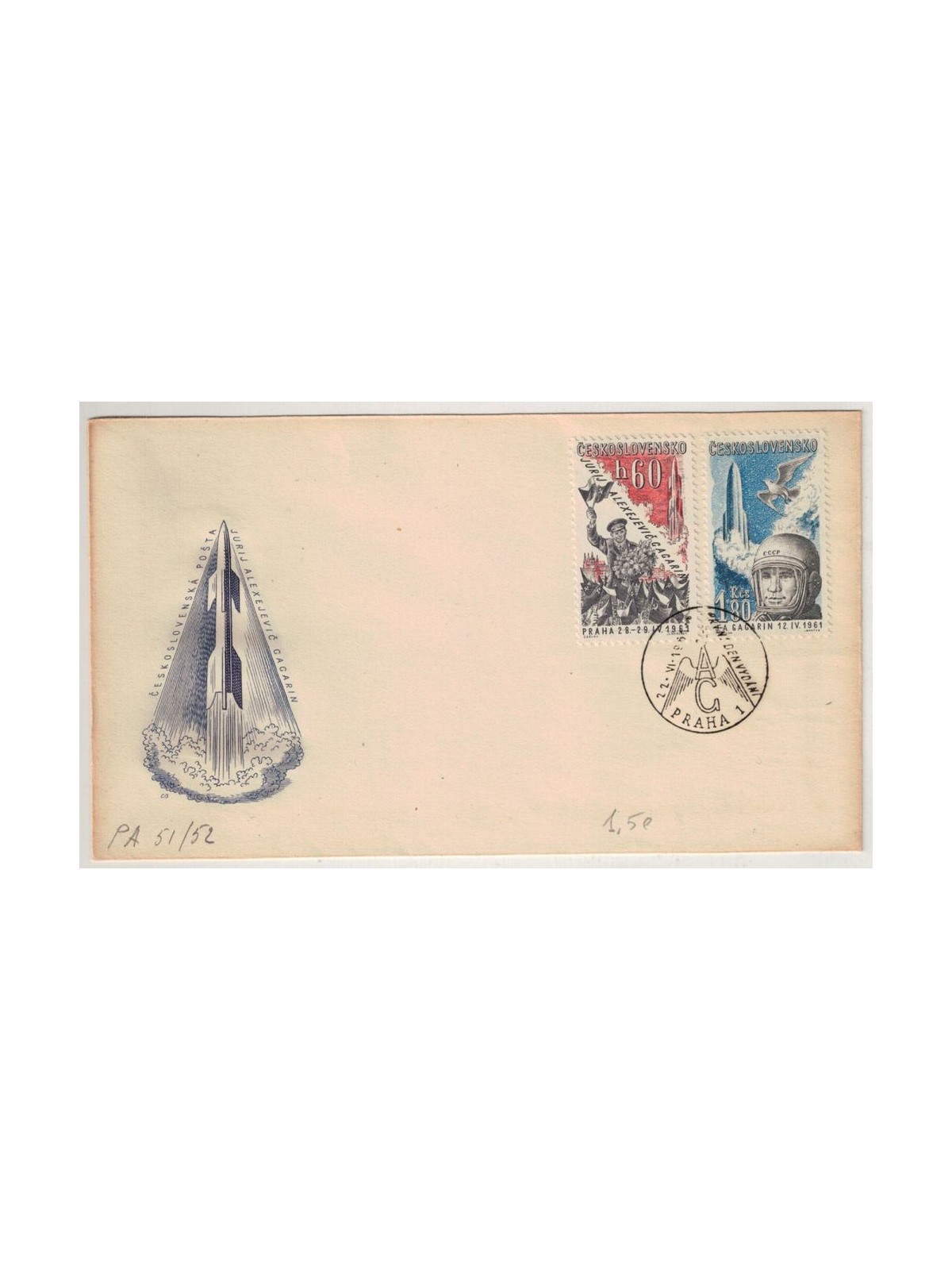 FDC CZECHOSLOVAKIA 1961 1st Soviet cosmonaut in space, Yuri Gagarin