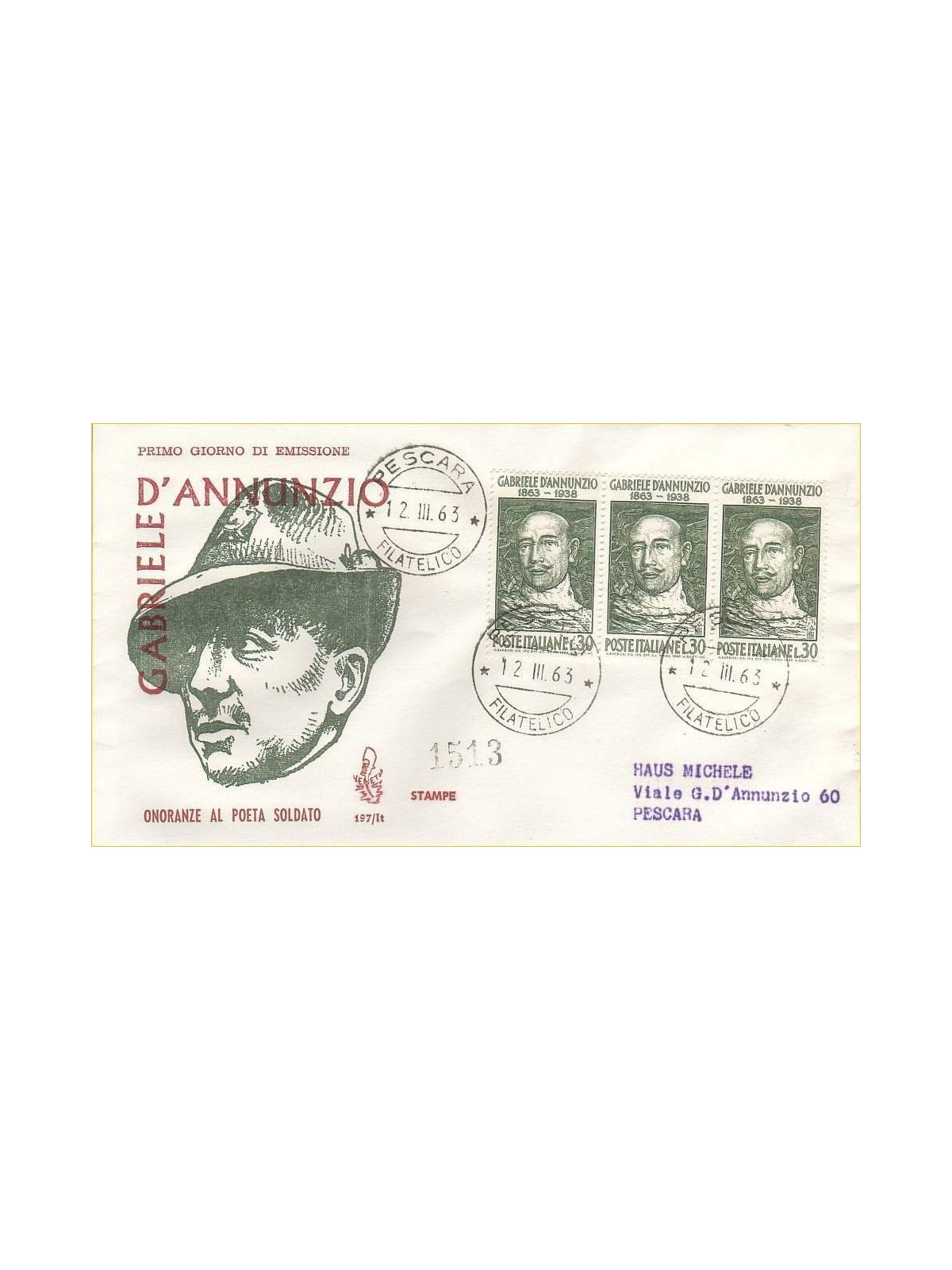 ITALY 1963 FDC (Venice) Gabriele D'Annunzio collection