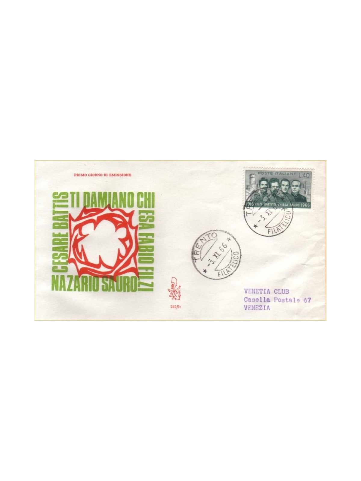 ITALIA 1966 FDC (Venetia) Martiri ord