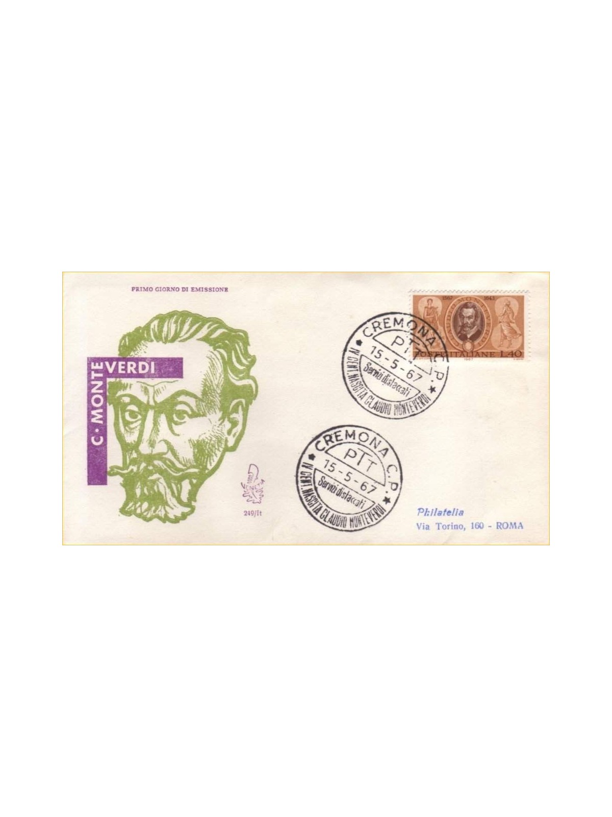 ITALY 1967 FDC (Venetia) Claudio Monteverdi ord