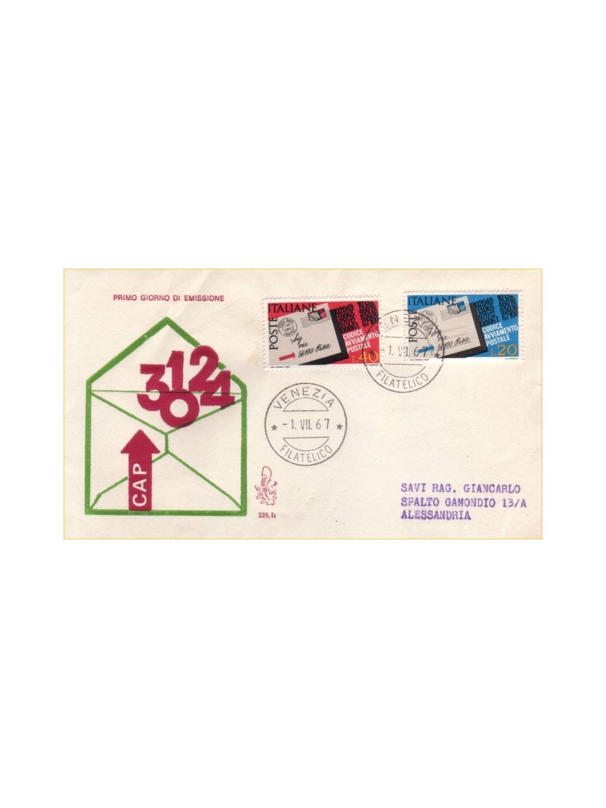 ITALY 1967 FDC (Venice) Postal Code