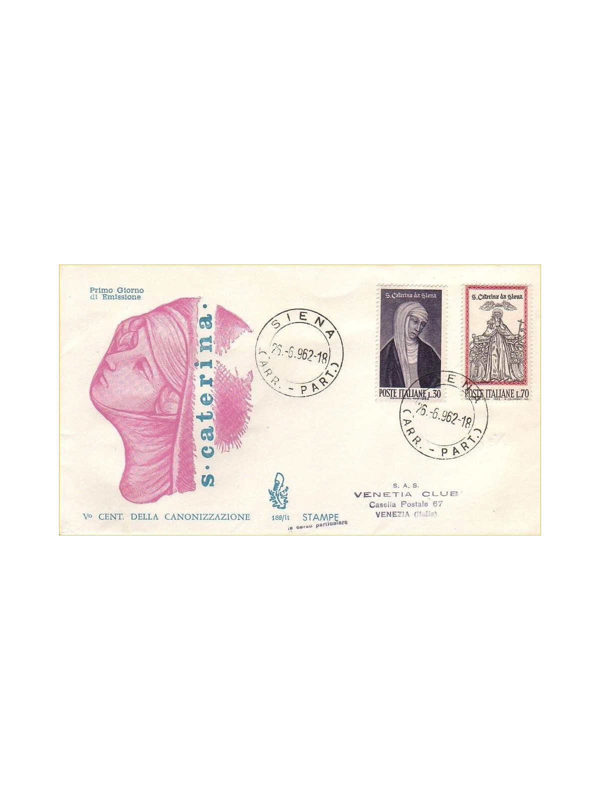 ITALY 1962 FDC (Venice) Santa Caterina