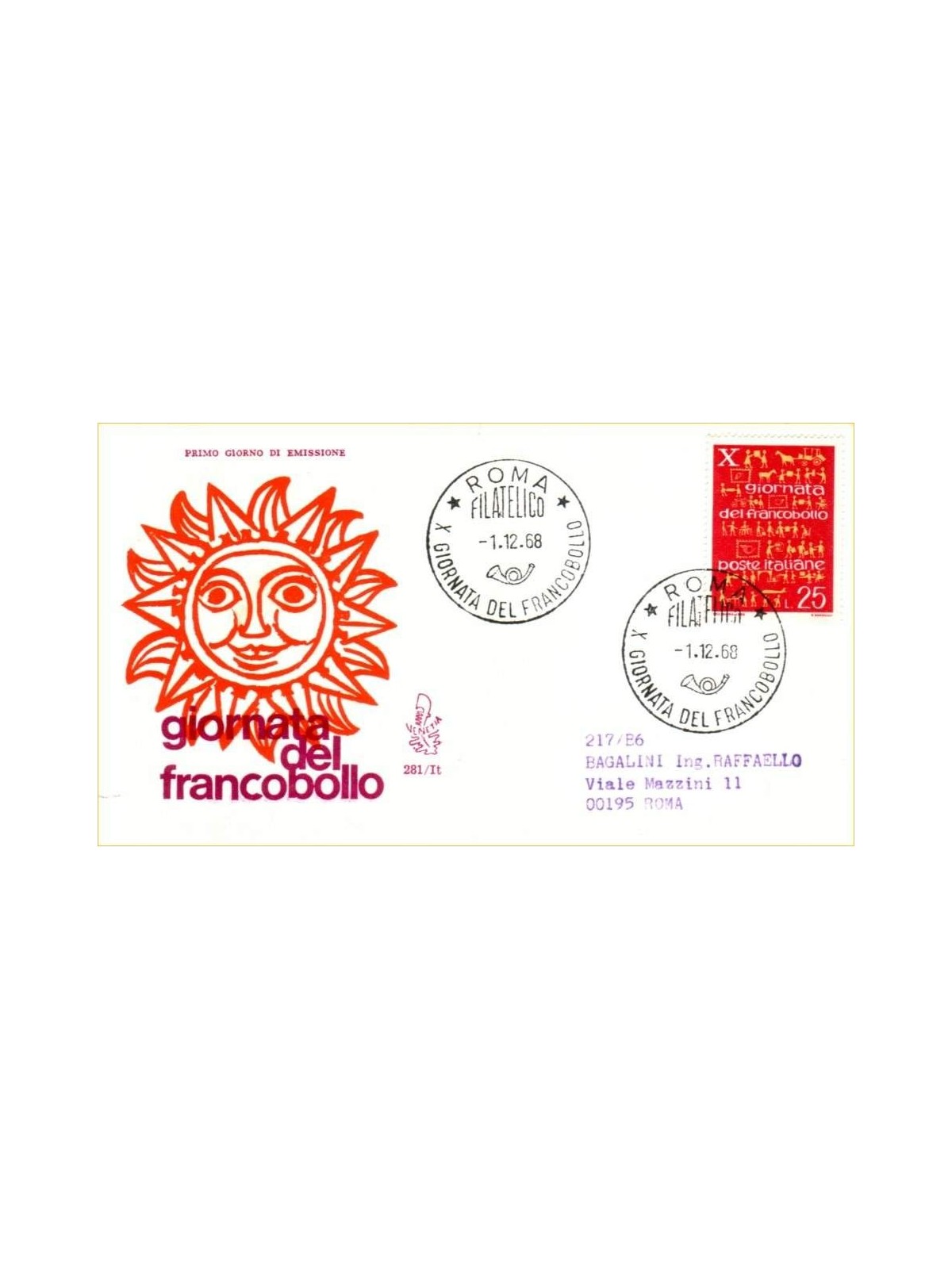 ITALIA 1968 FDC (Venetia) Giornata del francobollo ord