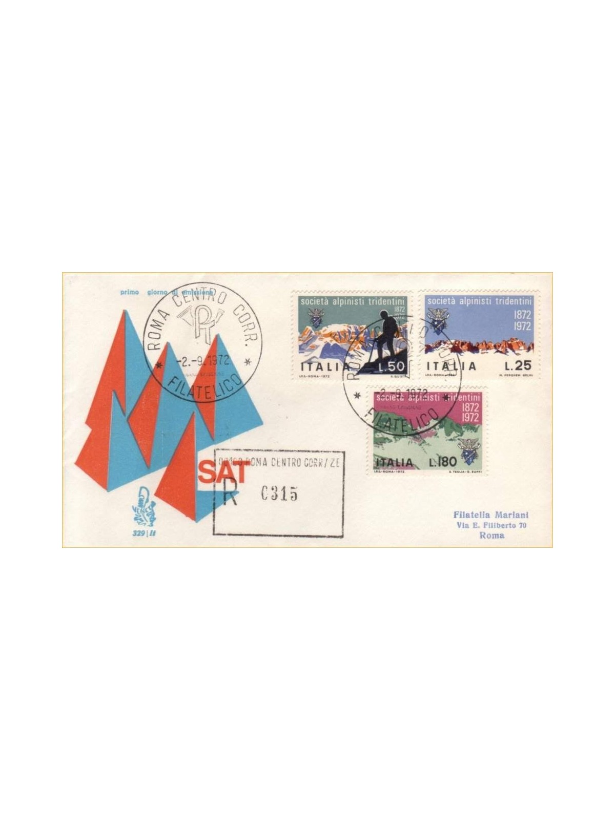 ITALY 1972 FDC (Venetia) Tridentine mountaineers registered rm