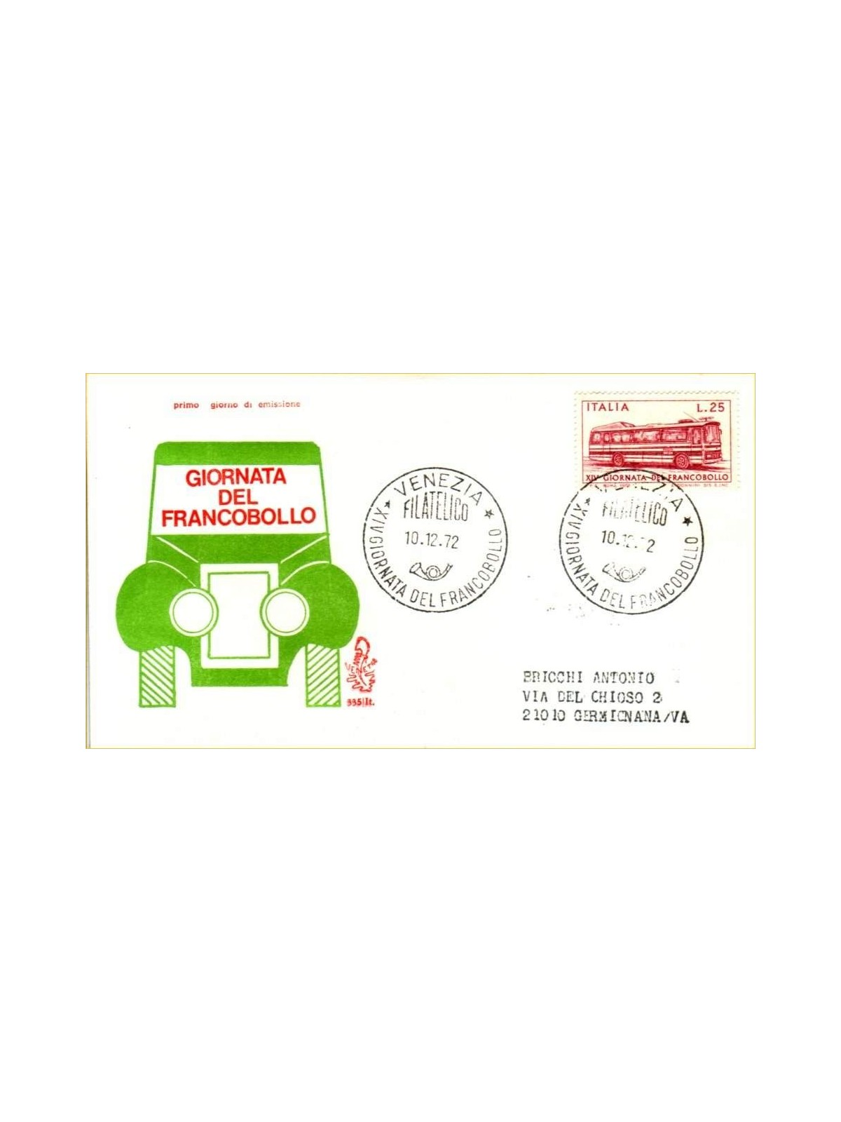 ITALY 1972 FDC (Venice) Ordinary Stamp Day