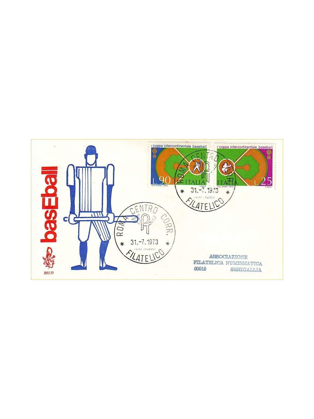 ITALIA 1973 FDC (Venetia) Baseball ord