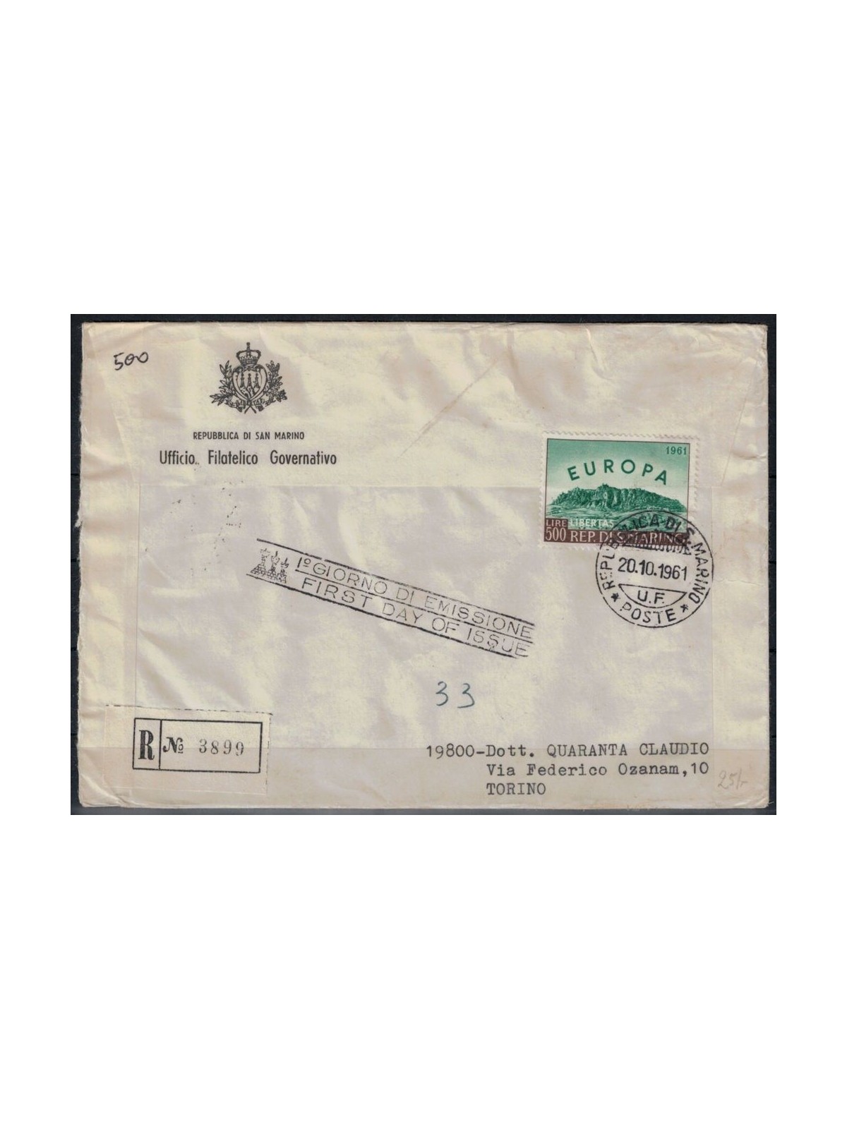 FDC SAN MARINO 1961 Europa 1 Busta racc