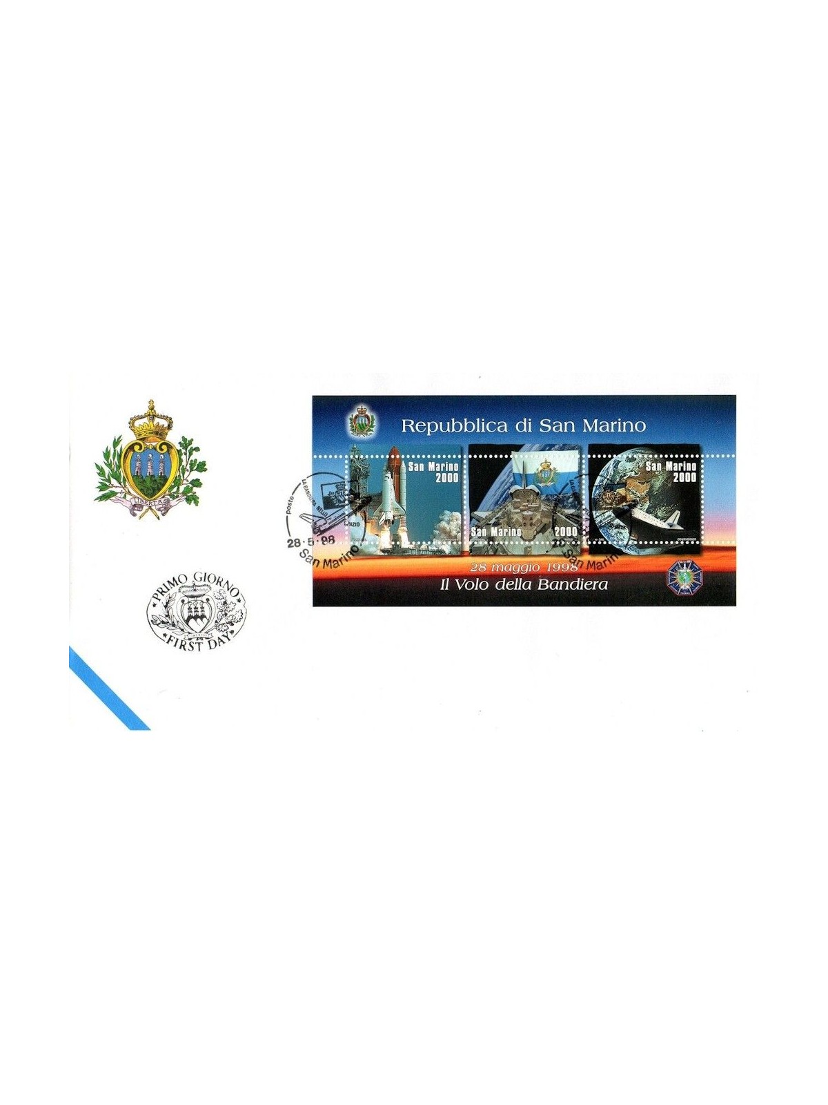 FDC SAN MARINO 1998 Bandiera di San Marino nello spazio BF 1 Busta nv