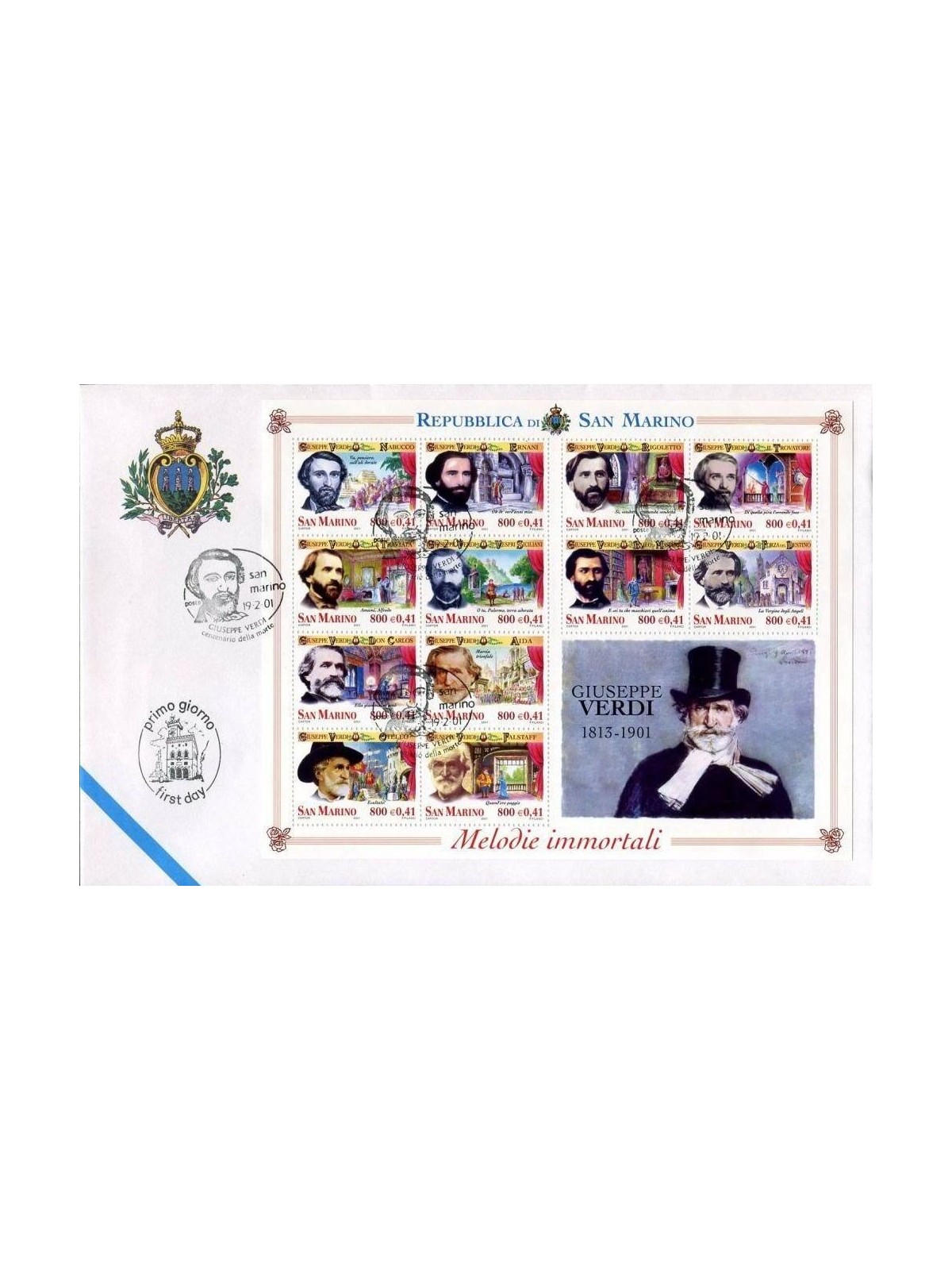 FDC SAN MARINO 2001 Giuseppe Verdi BF 1 Busta nv