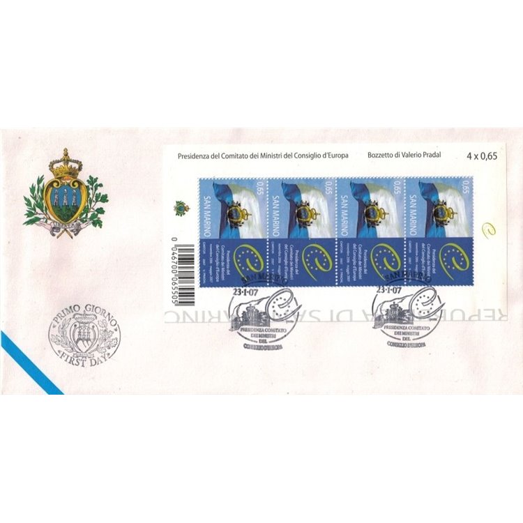 FDC SAN MARINO 2007 Presidenza Consiglio d’Europa BF 1 Busta nv