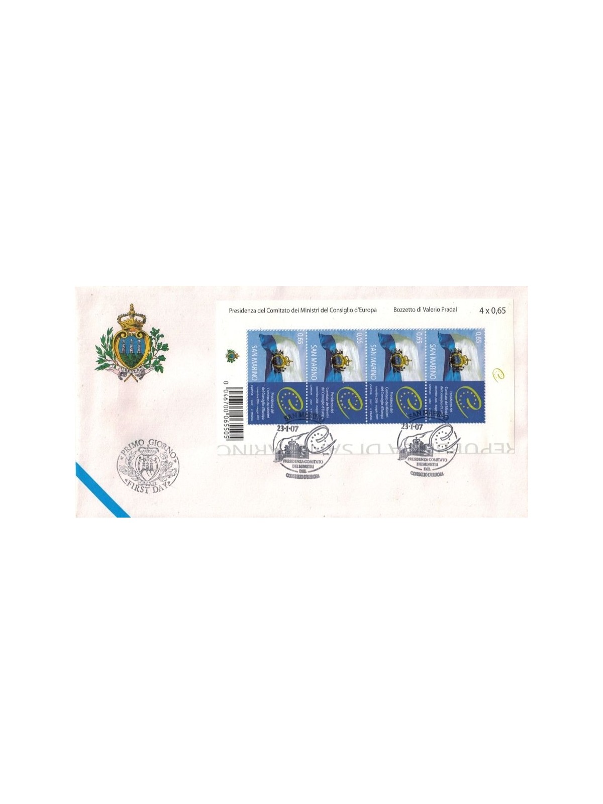 FDC SAN MARINO 2007 Presidency of the Council of Europe s/s 1 Envelope nv