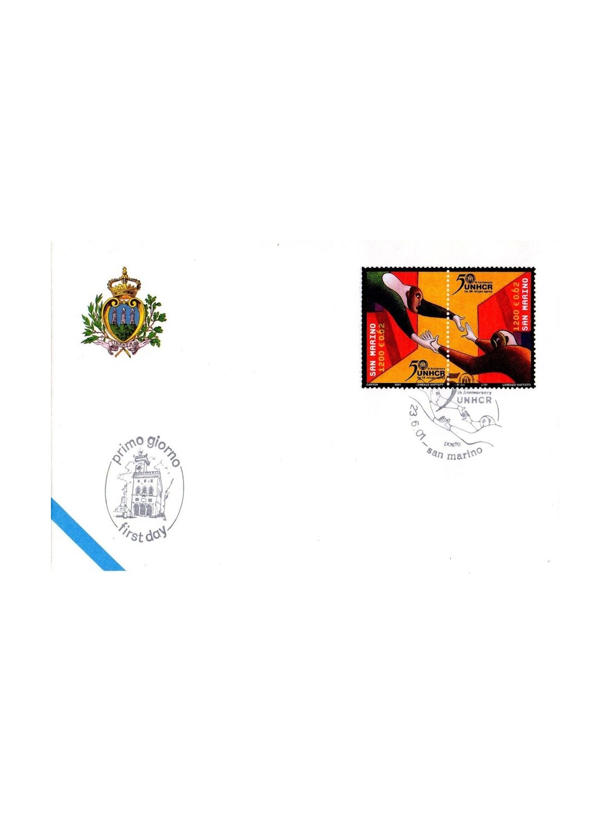 FDC SAN MARINO 2001 Rifugiati, UNHCR 1 Busta nv
