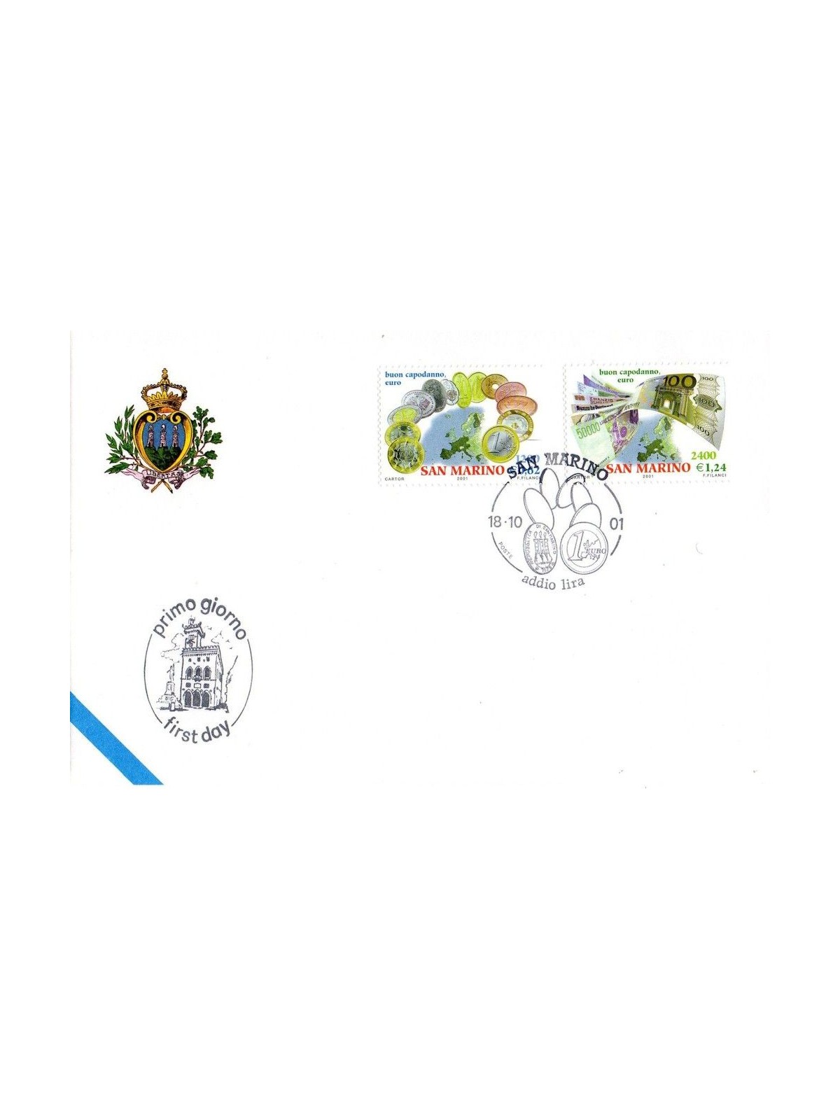 FDC SAN MARINO 2001 Benvenuto Euro 1 Busta nv