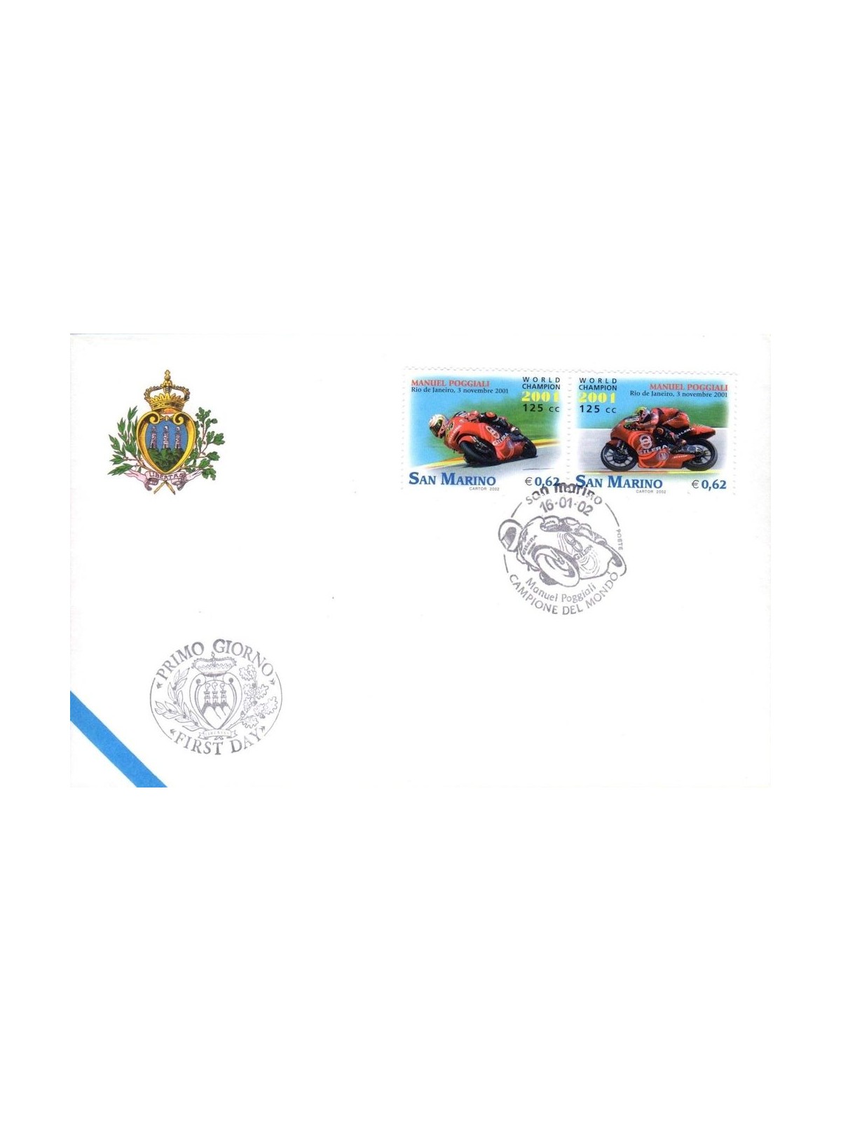 FDC SAN MARINO 2002 Manuel Poggiali 1 Envelope nv