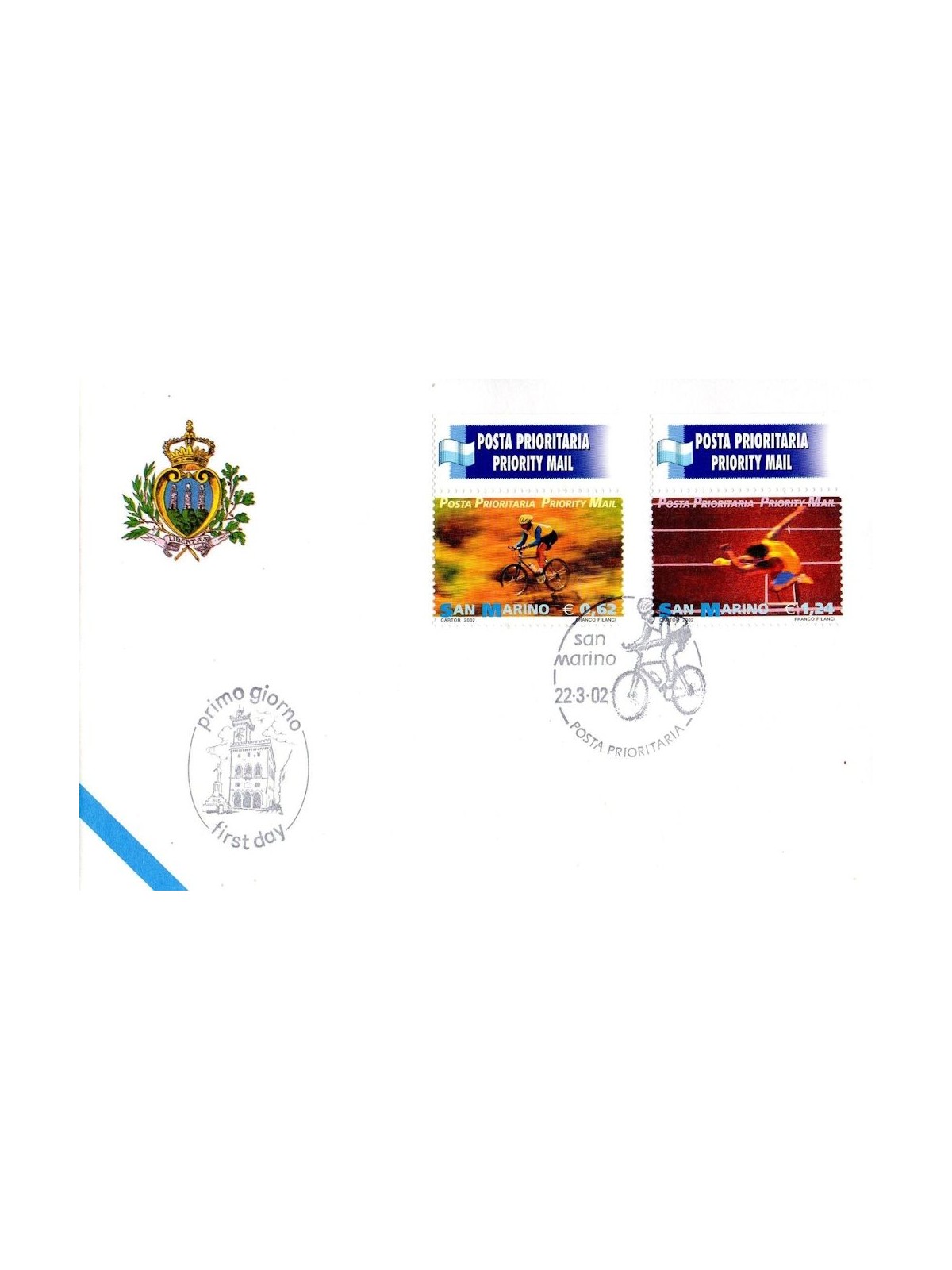 FDC SAN MARINO 2002 Posta prioritaria 1 Busta nv