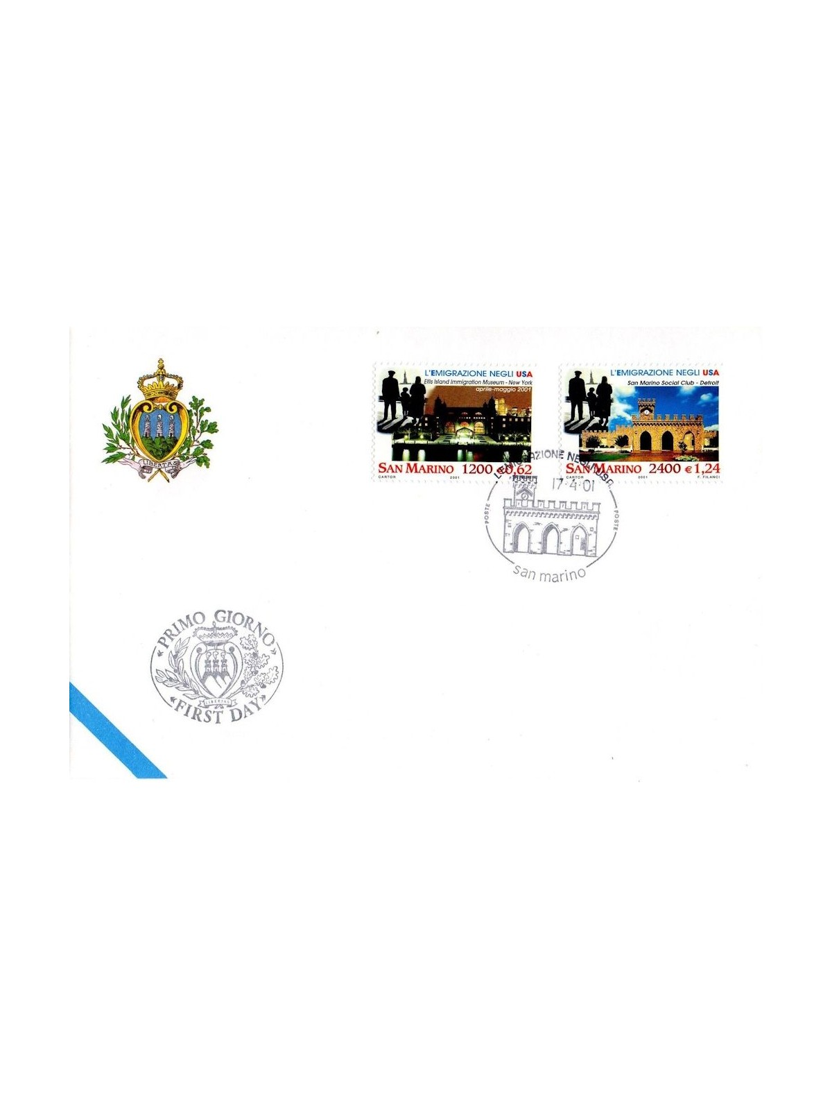 FDC SAN MARINO 2001 Emigration to the USA 1 Envelope nv