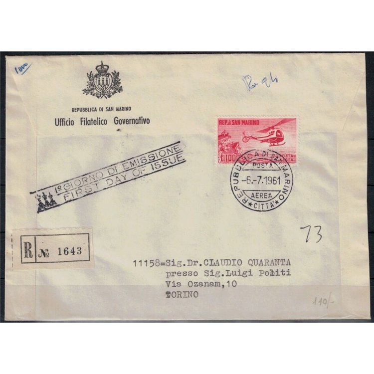 FDC SAN MARINO 1961 Helicopter 1 Collector's Cover