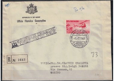 FDC SAN MARINO 1961 Helicopter 1 Collector's Cover