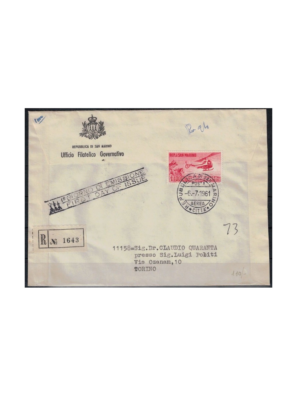 FDC SAN MARINO 1961 Helicopter 1 Collector's Cover