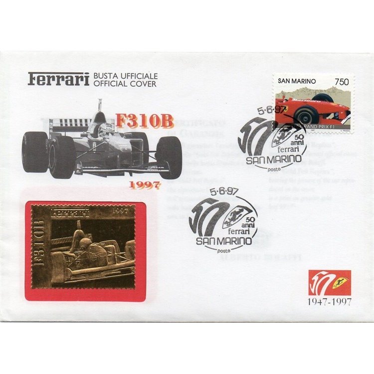 FDC SAN MARINO 1997 50th Anniversary Ferrari (gold foil stamp)