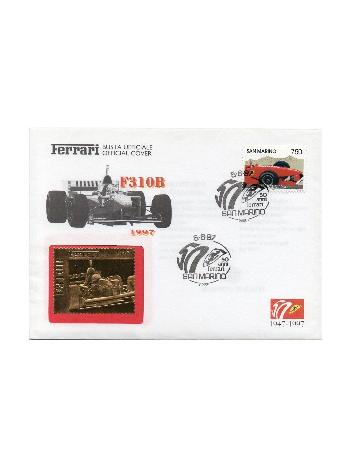 FDC SAN MARINO 1997 50° anniversario Ferrari (francobollo in lamina d'oro)