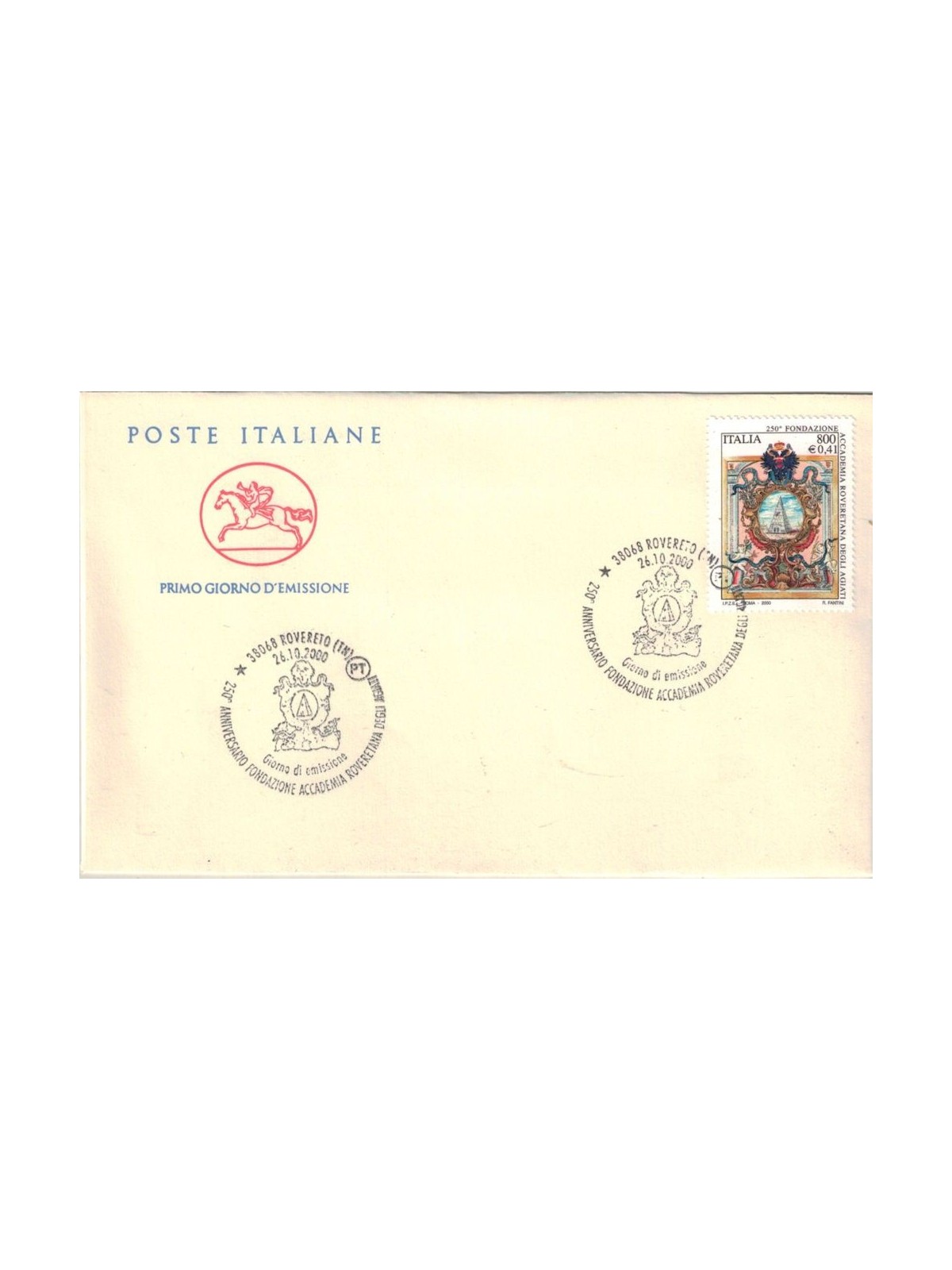 FDC ITALIA 2000 Accademia Roveretana 1 Busta Cavallino