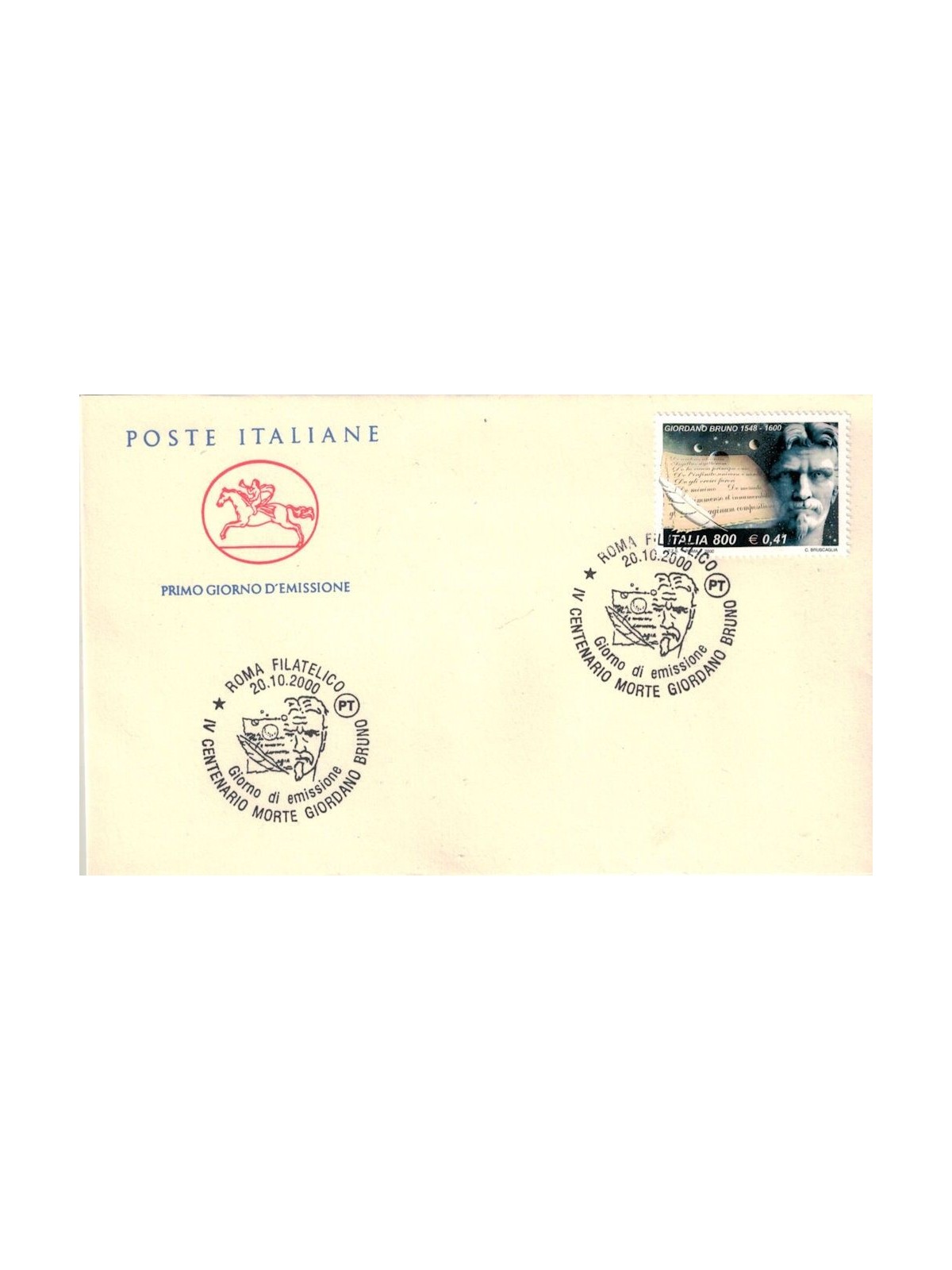 FDC ITALIA 2000 Giordano Bruno 1 Busta Cavallino (Roma)