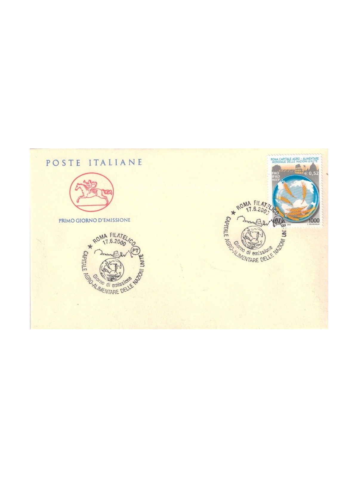 FDC ITALIA 2000 Roma capitale agroalimentare 1 Busta Cavallino