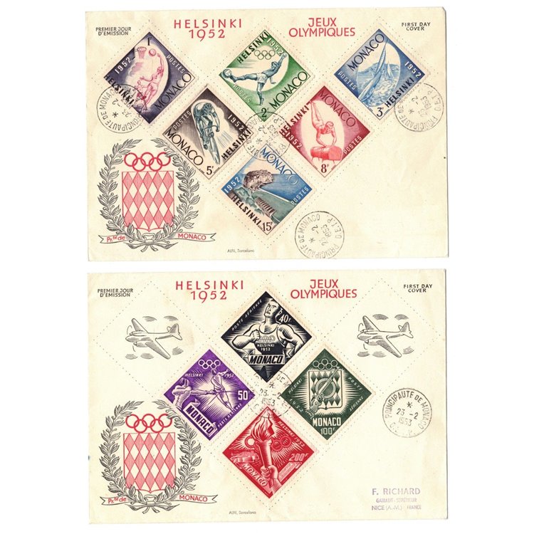 FDC MONACO 1953 Helsinki Olympic Games 2 covers nv