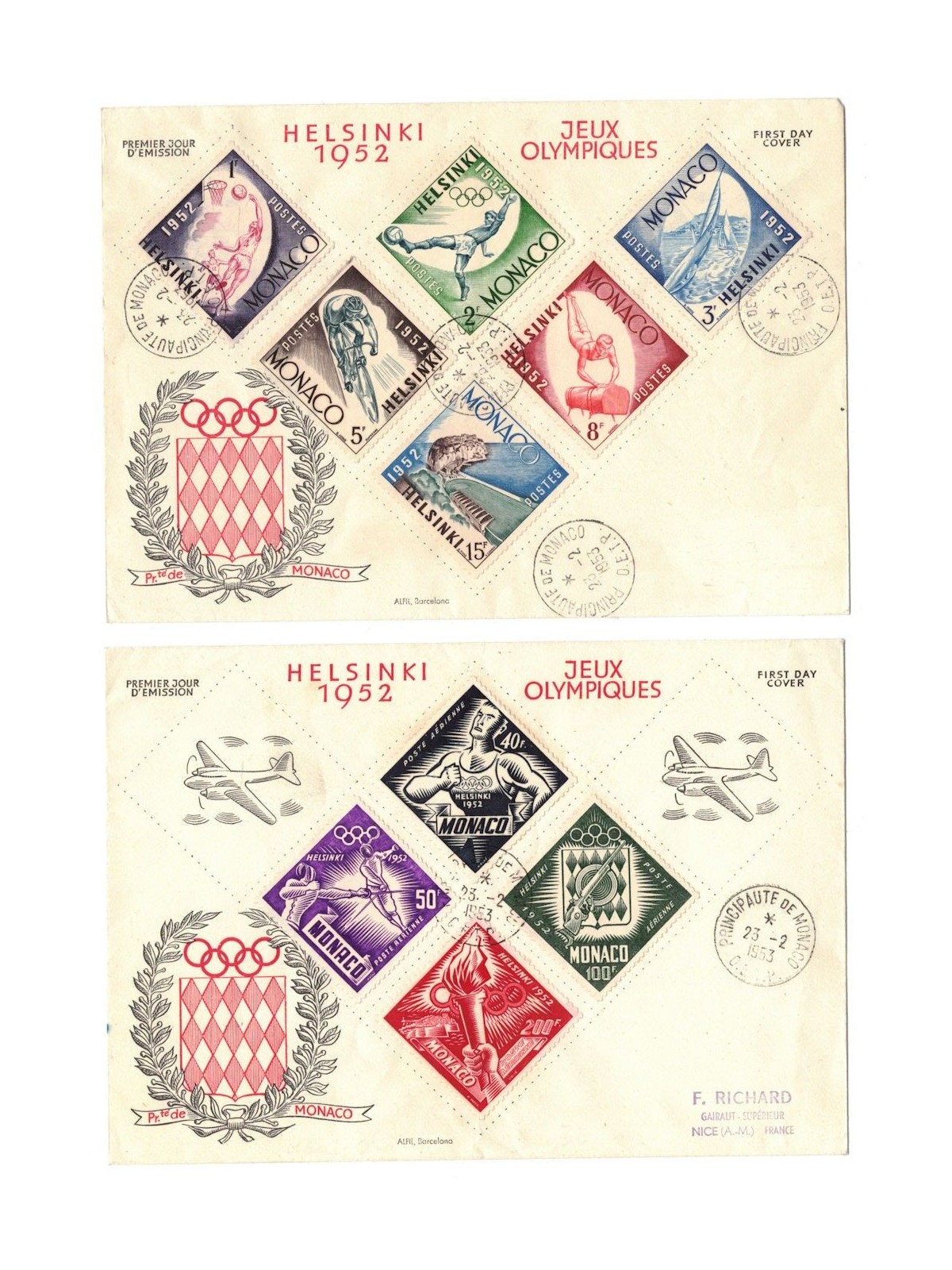 FDC MONACO 1953 Helsinki Olympic Games 2 covers nv