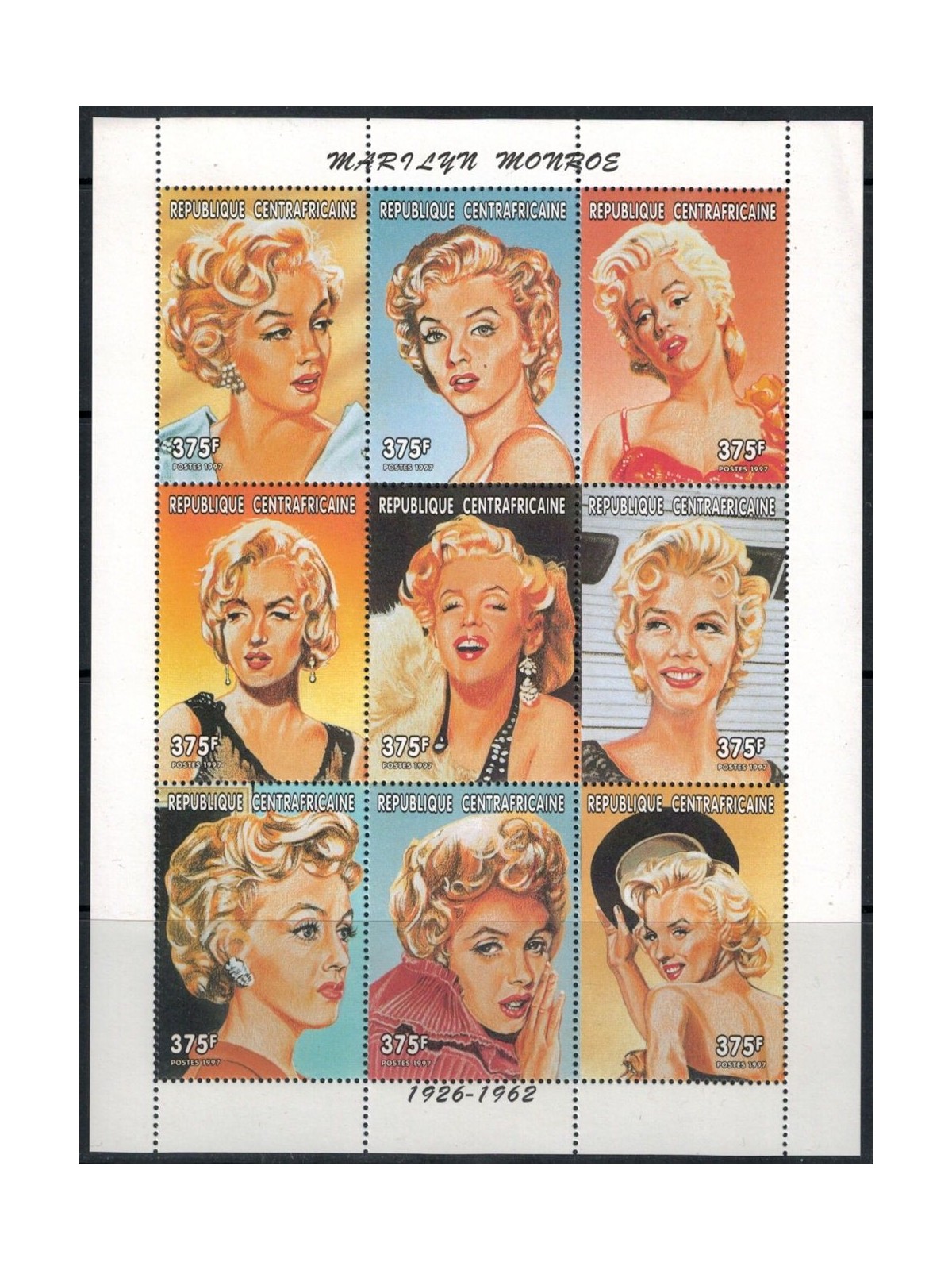 CENTRAL AFRICA 1997 Homage to Marilyn Monroe 9v MNH**