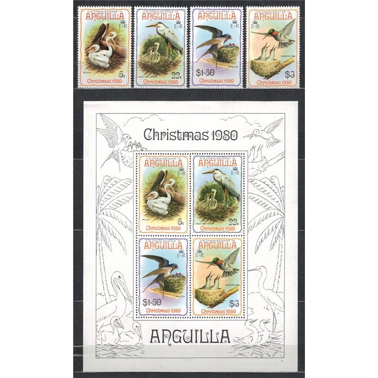 ANGUILLA 1980 Christmas, birds 4v + 1 s/s MNH**